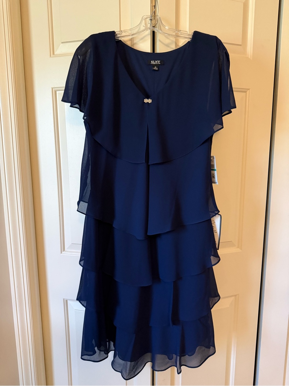 SLNY Navy Layered Chiffon Midi Dress
